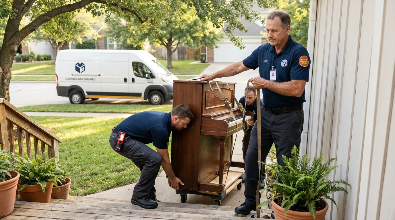 Licensed piano movers securing grand piano in Crossville, TN