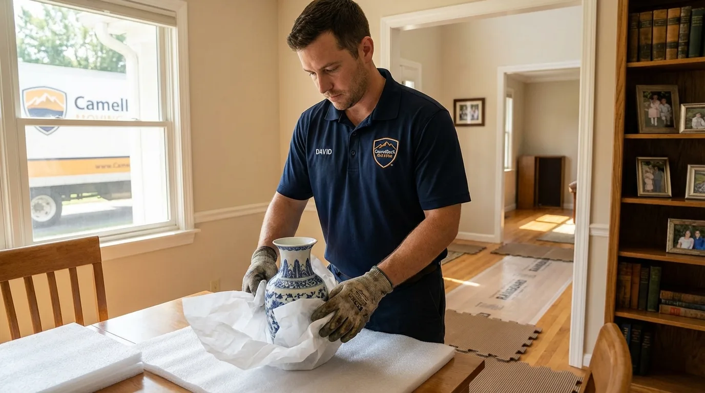 Professional crew carefully wrapping antique vase for senior downsizing move in Crossville, TN