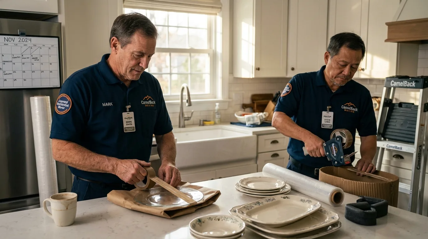 Professional crew packing kitchen dishware in Crossville, TN